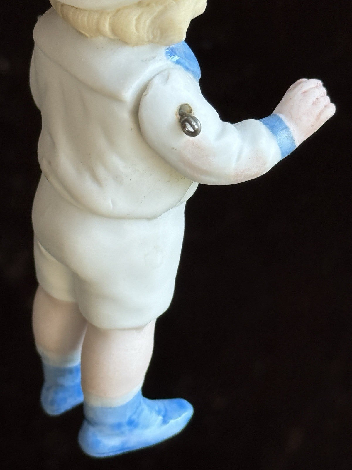 Antique German 4.25” All Bisque Miniature Dollhouse Doll Molded Sailor Outfit