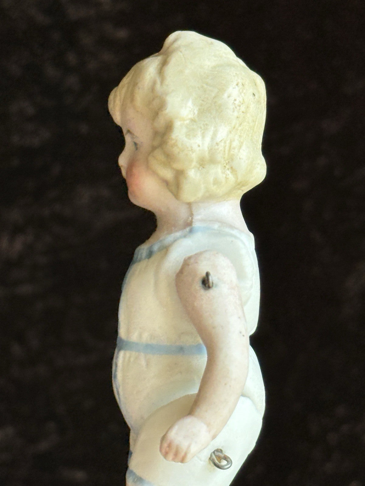 Antique German 4” All Bisque Miniature Dollhouse Doll Molded Outfit