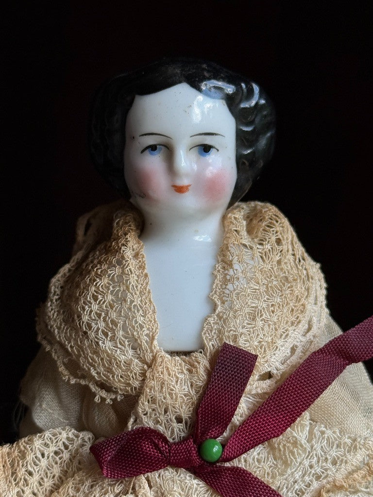 Antique German 5.75” Bisque Cloth Miniature Dollhouse Highbrow China Doll