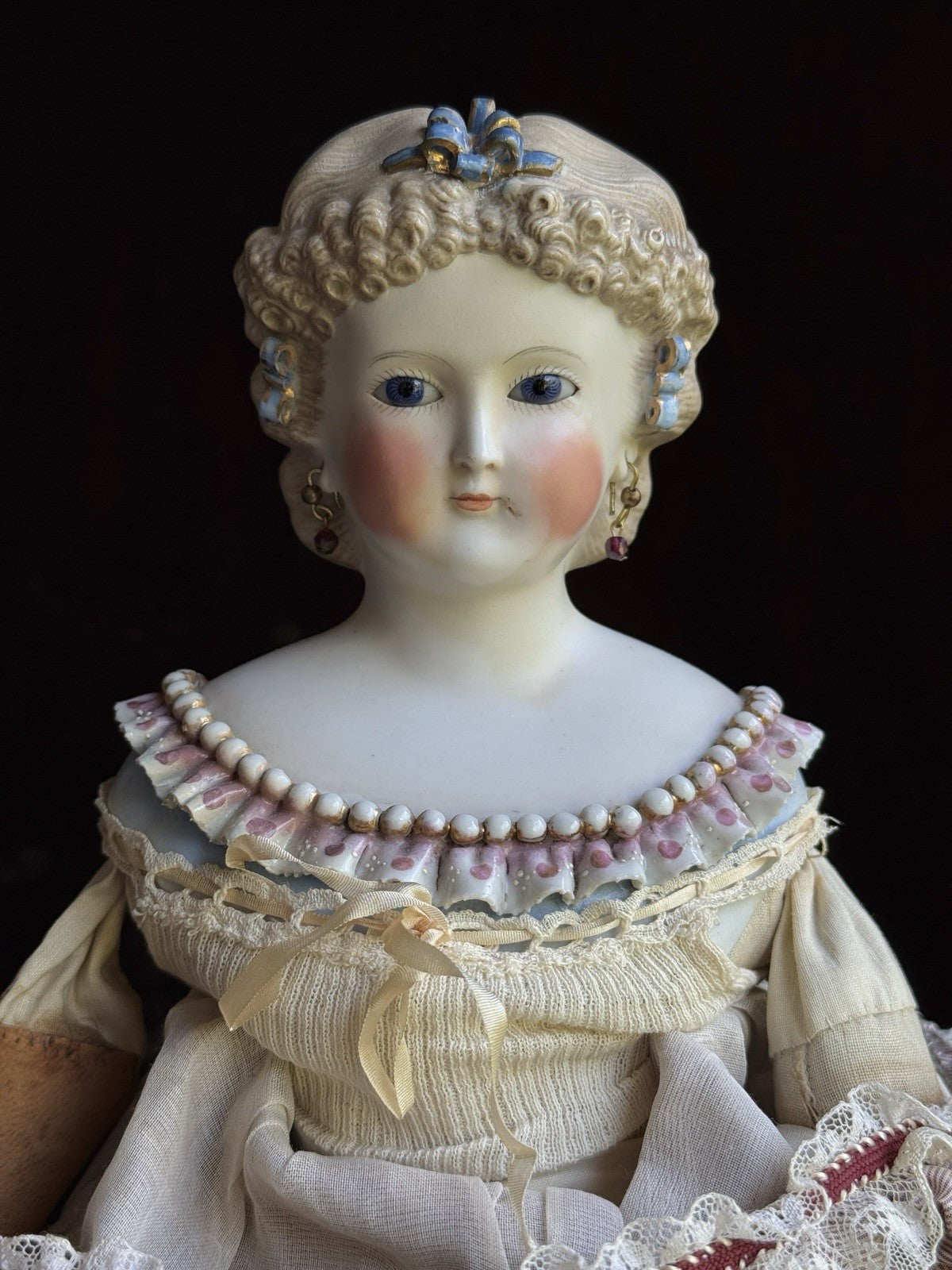 Antique German 19” Kling Bisque Head Parian China Dresden Doll Glass Eyes