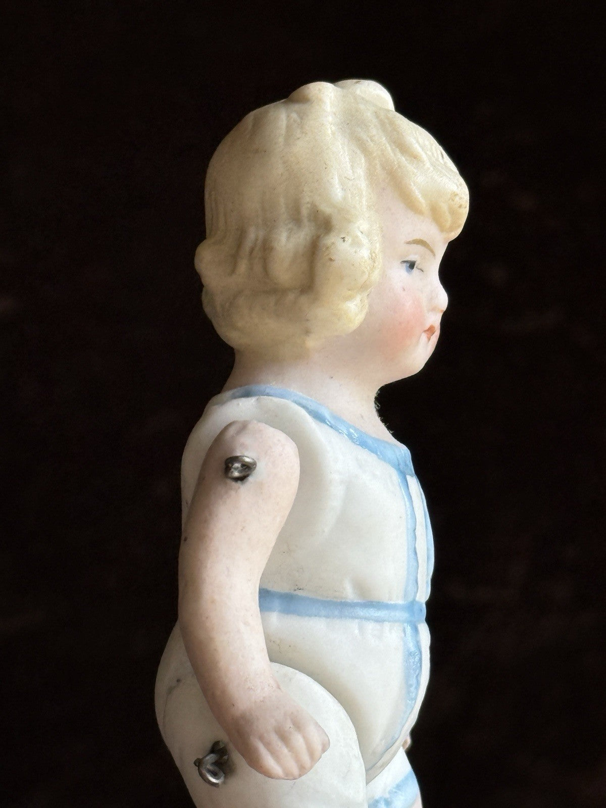 Antique German 4” All Bisque Miniature Dollhouse Doll Molded Outfit