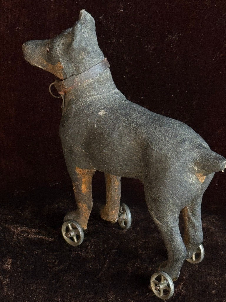 Antique German Papier-Mâché Doberman Pinscher Dog on Wheels Pull Toy