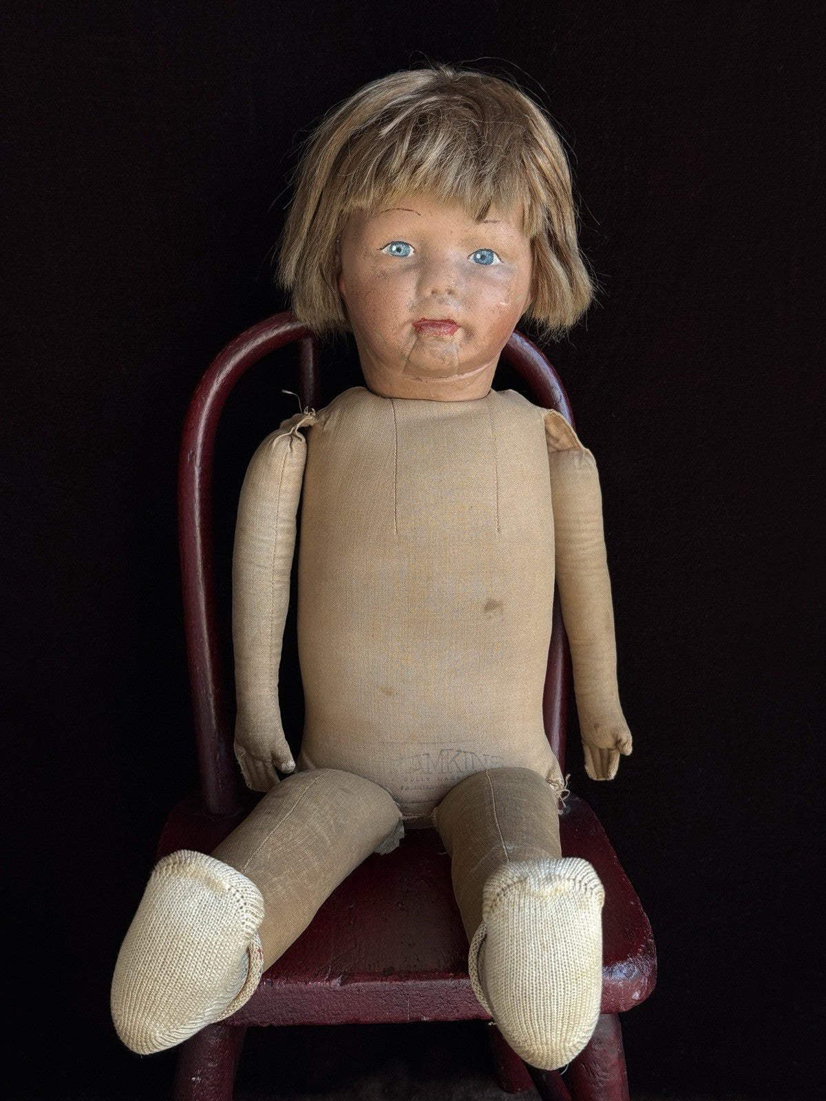 Antique American 18.5” Kamkins Cloth Oil Painted Doll