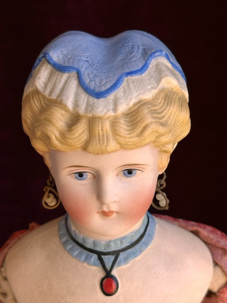 Antique German 15” Fancy Parian Bisque Head China Doll with Pierced Ears