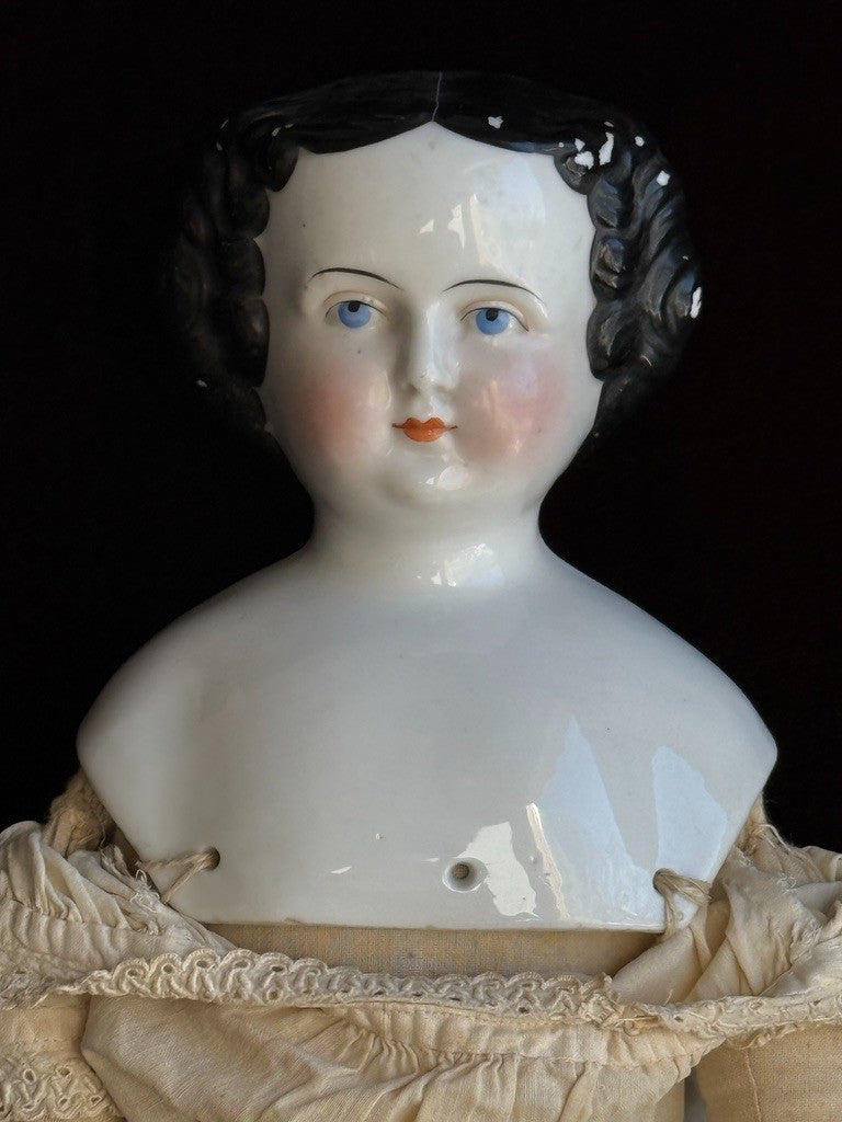 Antique German 20.5” Flat Top Highbrow China Shoulder Head Doll