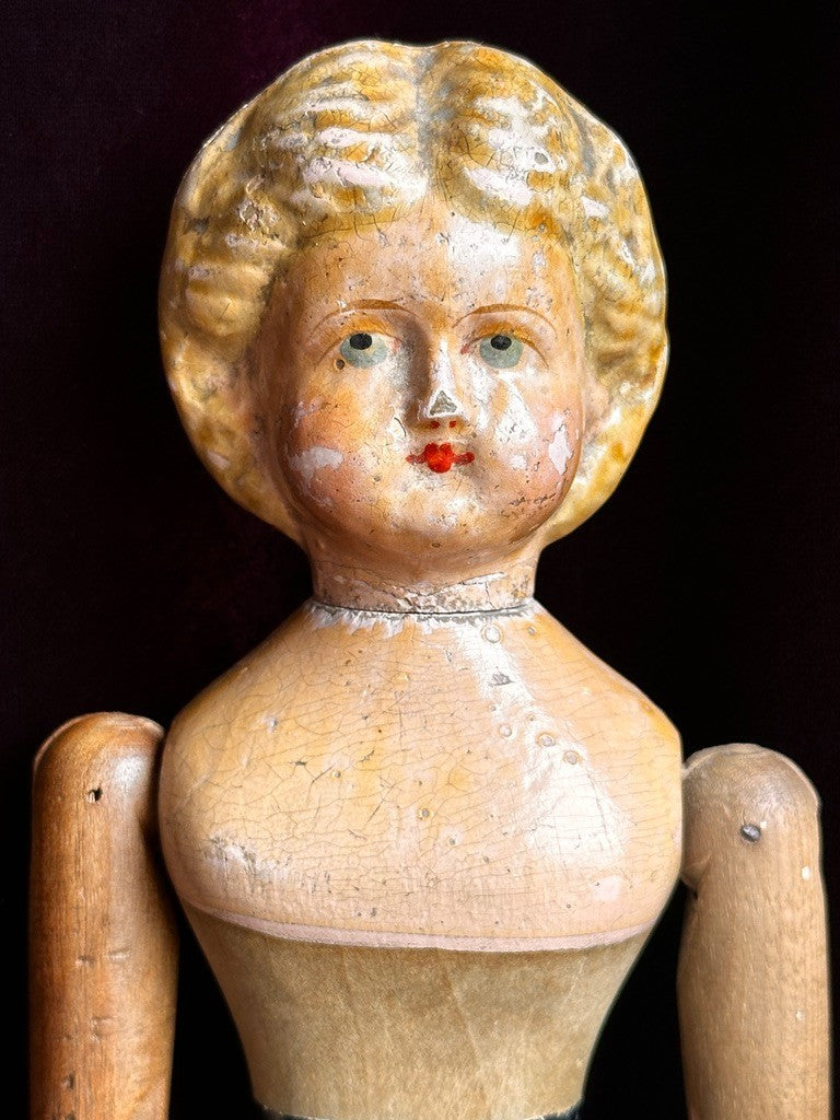 Antique American Mason & Taylor 11.5” Papier Mache Wood Metal Doll