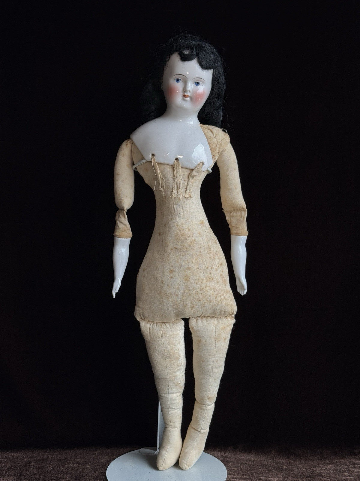 Antique German 21” Biedermeier Bald China Shoulder Head Doll