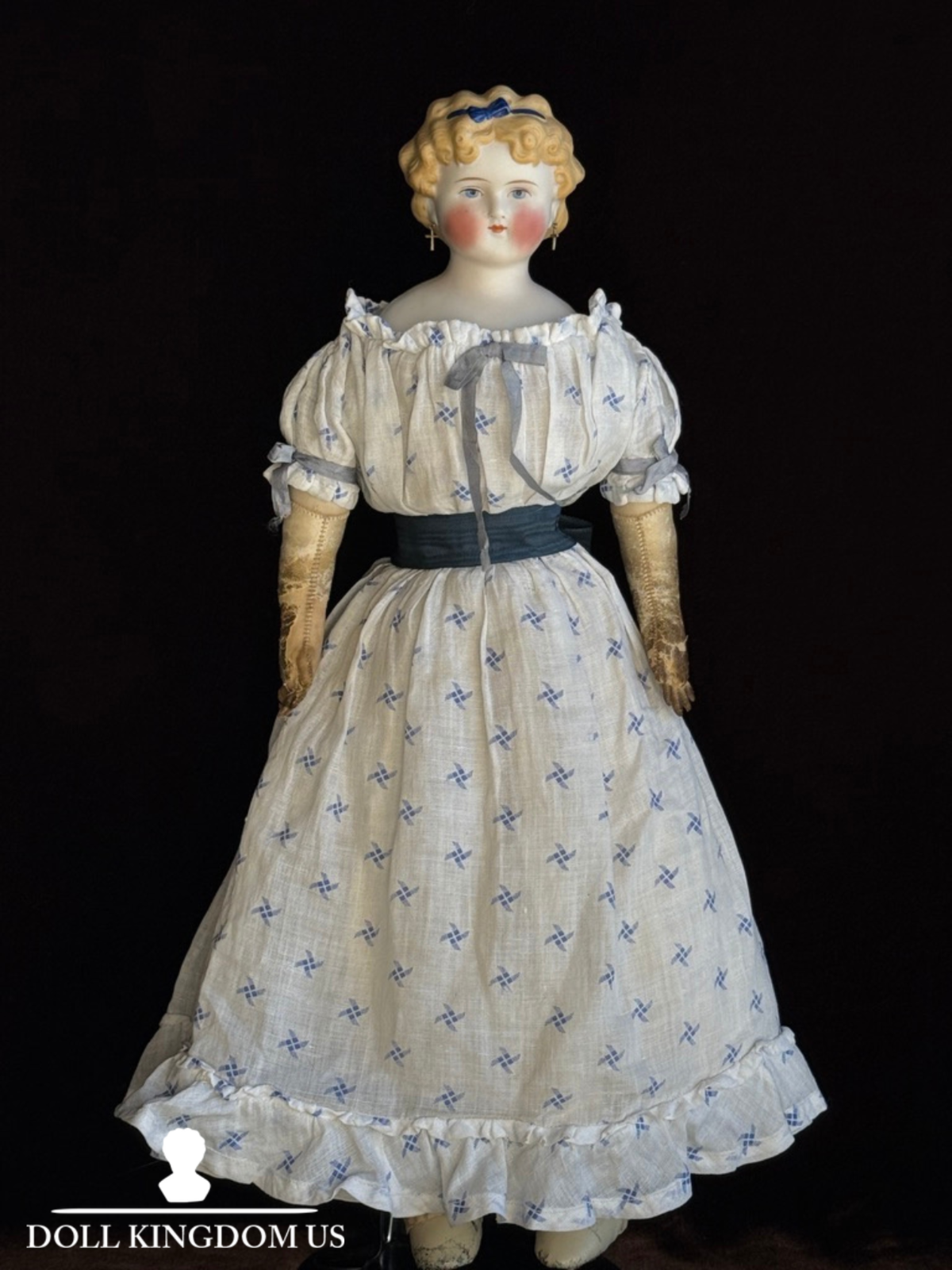 Antique German 17.5” Dolly Madison China Parian Bisque Head Doll Pierced Ears