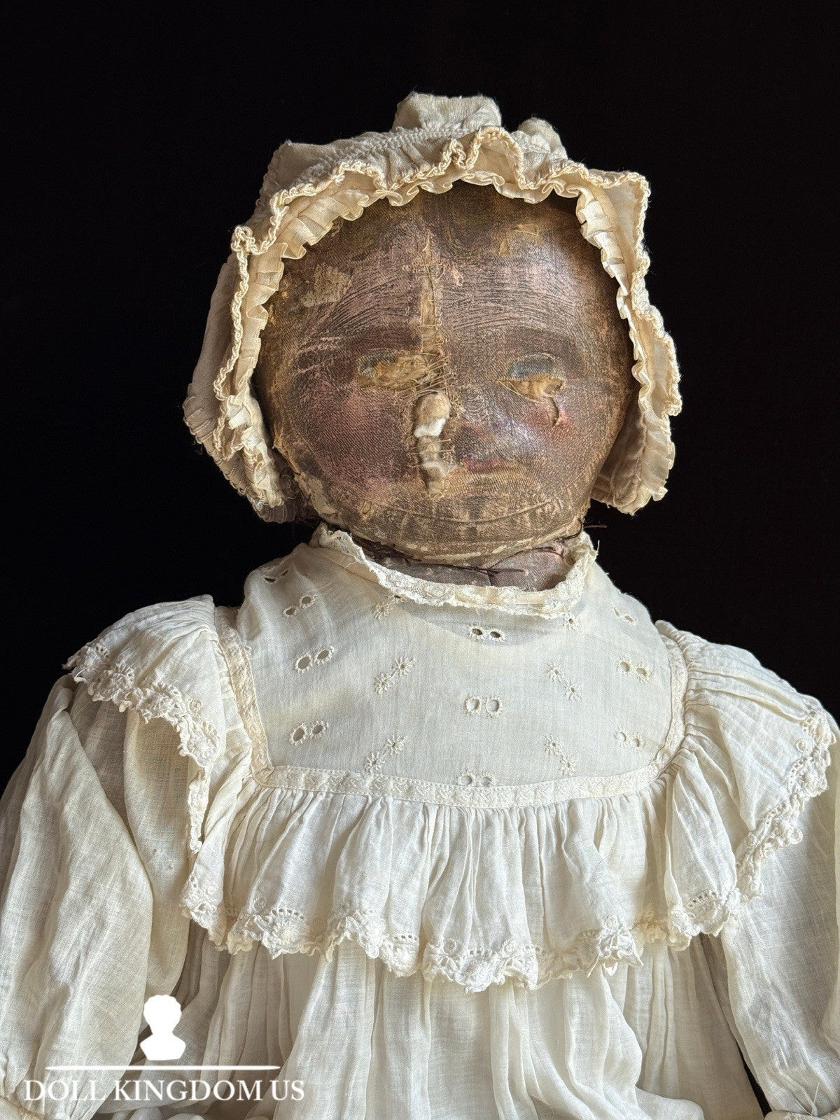 Early Antique American 28” Primitive Folk Cloth Rug Oil Painted Doll