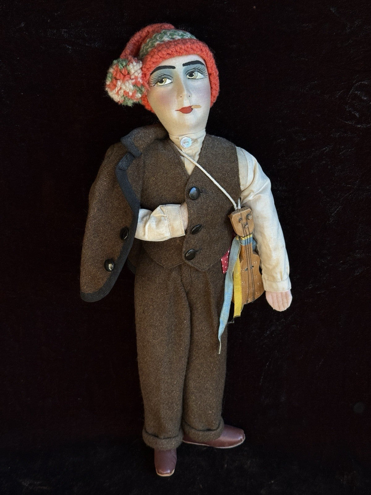 Vintage Art Deco 14” French Boudoir Style Cloth Face Mask Smoker Character Doll