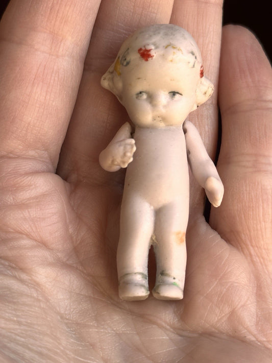 Antique German 2.125” Dollhouse All Bisque Hertwig Miniature Doll Molded Flowers