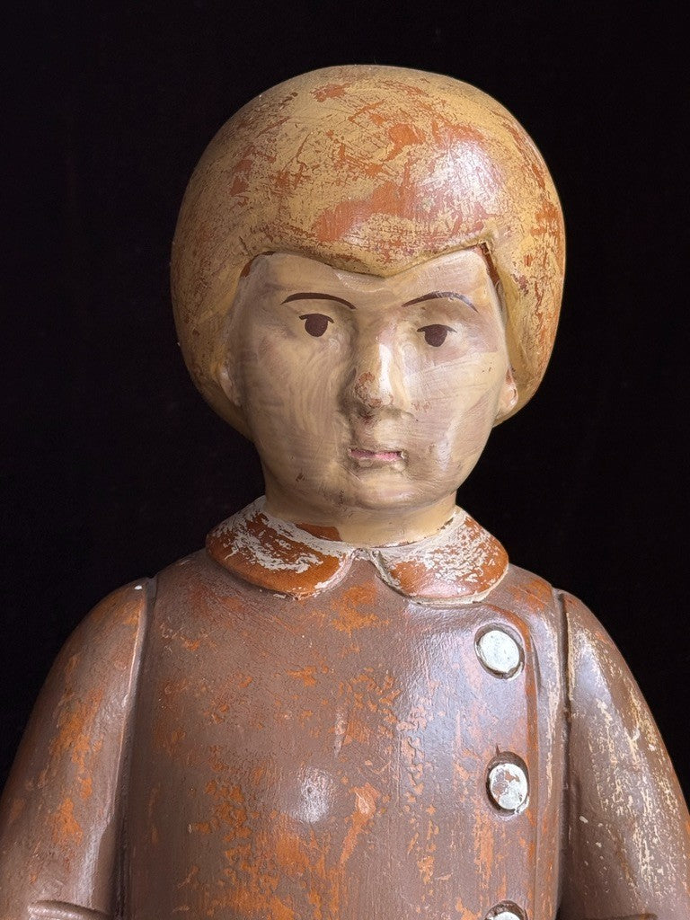Vintage European 18” Folk Art Wood Carved Figurine of Boy Doll