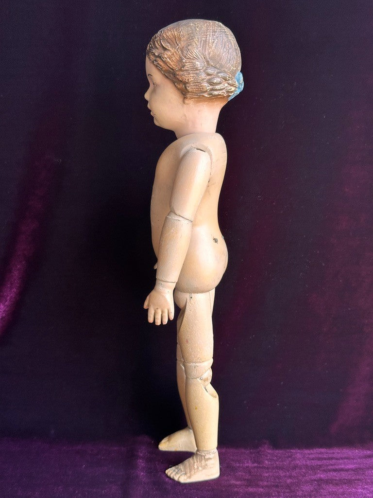 Antique American 16” Schoenhut 102 Series Wooden Doll Carved Braided Hair Bow