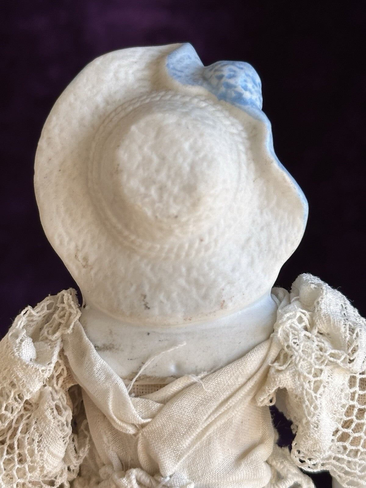 Antique German Miniature  7.5” Hertwig Molded Hat Parian Bisque Head China Doll
