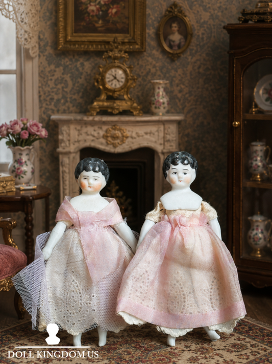 Lot of 2 Antique German 4"-4.25" Bisque Cloth Miniature Dollhouse China Dolls