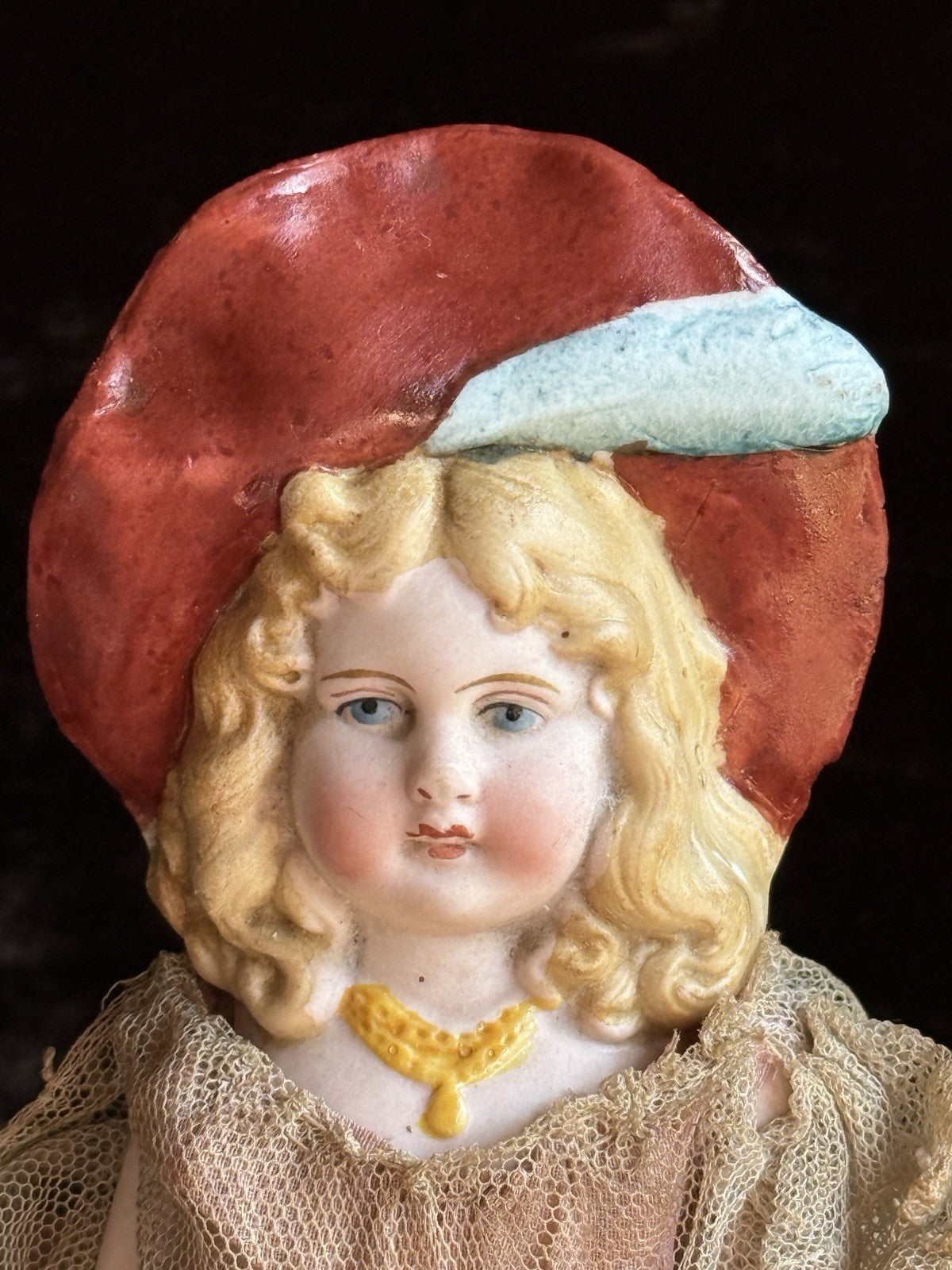 Antique German 7" Hertwig All Bisque Molded Hat Girl Doll