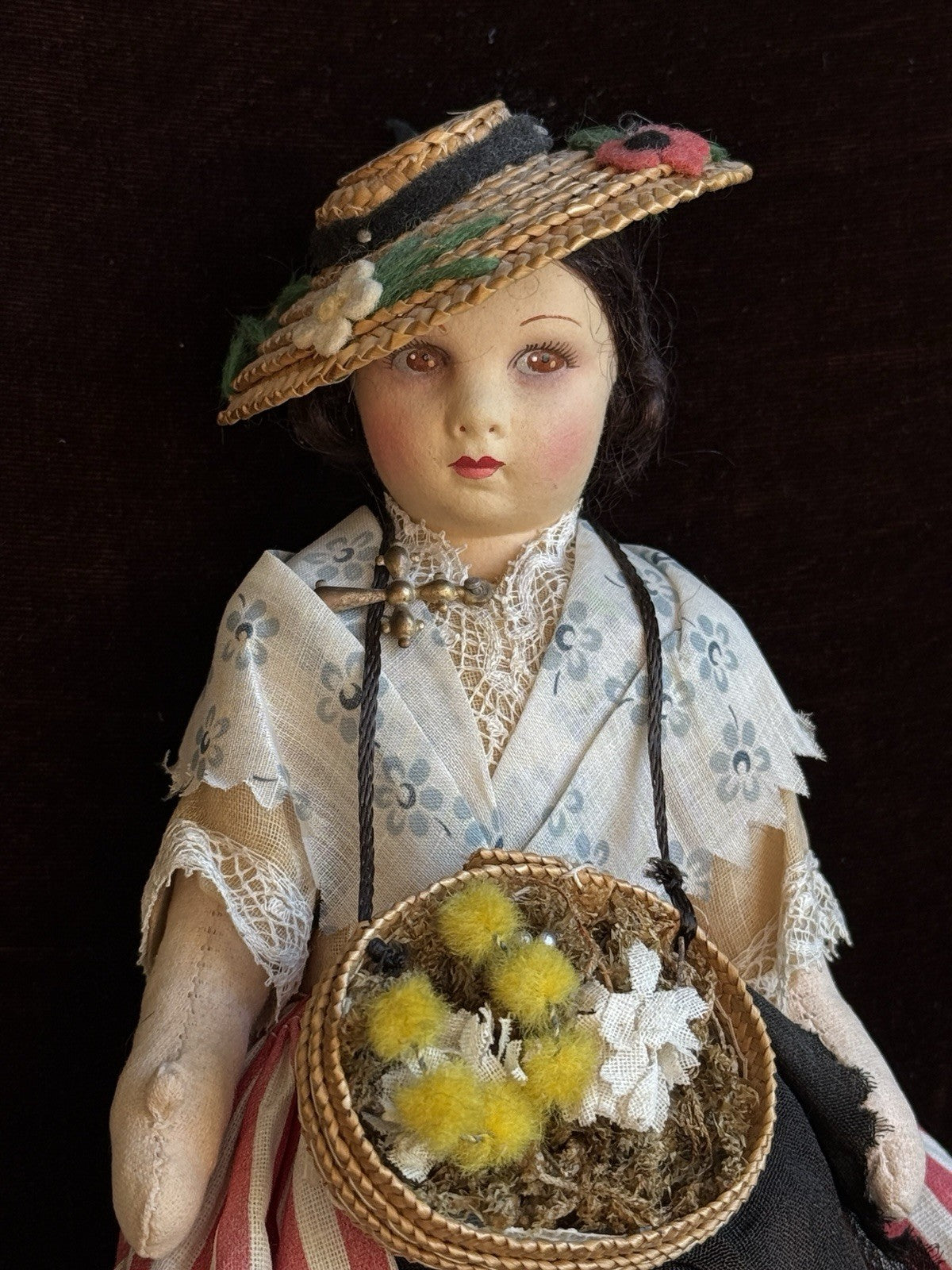 Vintage French 9” Nicette Cloth Felt Traditional Character Doll with Tag