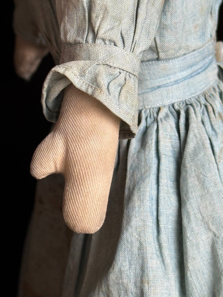 Antique American Moravian Style 16" Primitive Folk Art Cloth Rug Portrait Doll