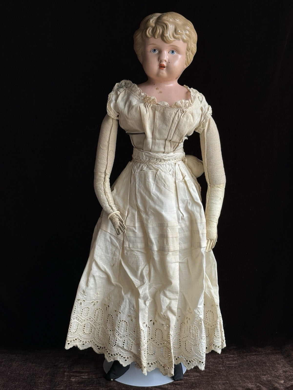 Antique German 24” Minerva Metal Tin Head Fashion Doll