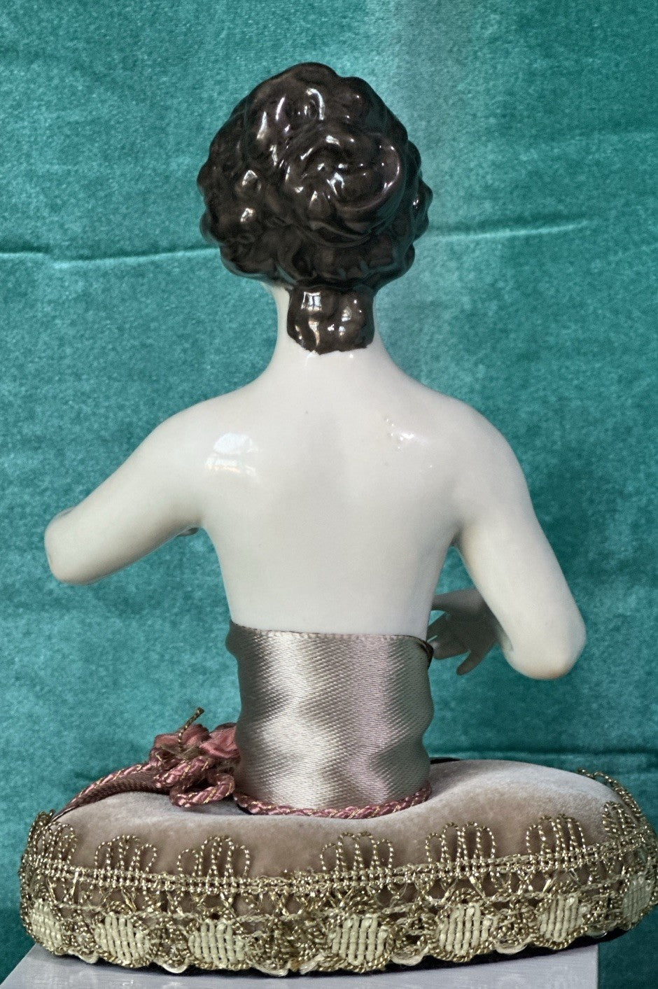 Large 7” Antique German Porcelain Volkstedt Rudolstadt Half Doll Pin Cushion