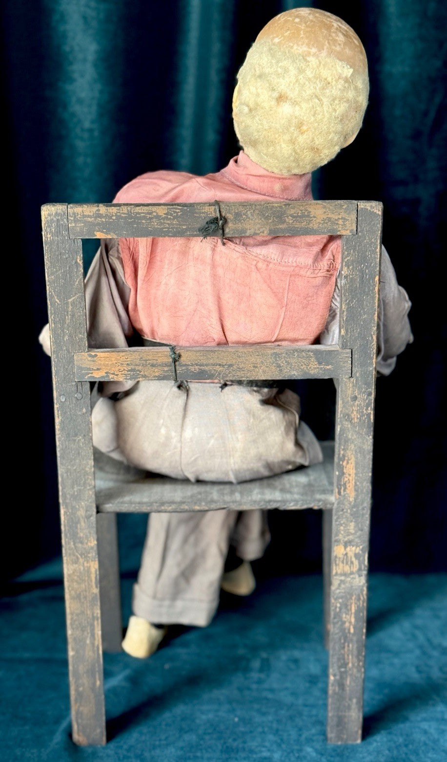 Unidentified Antique (?) Wax Doll Old Men In The Wooden Chair Smoking Pipe