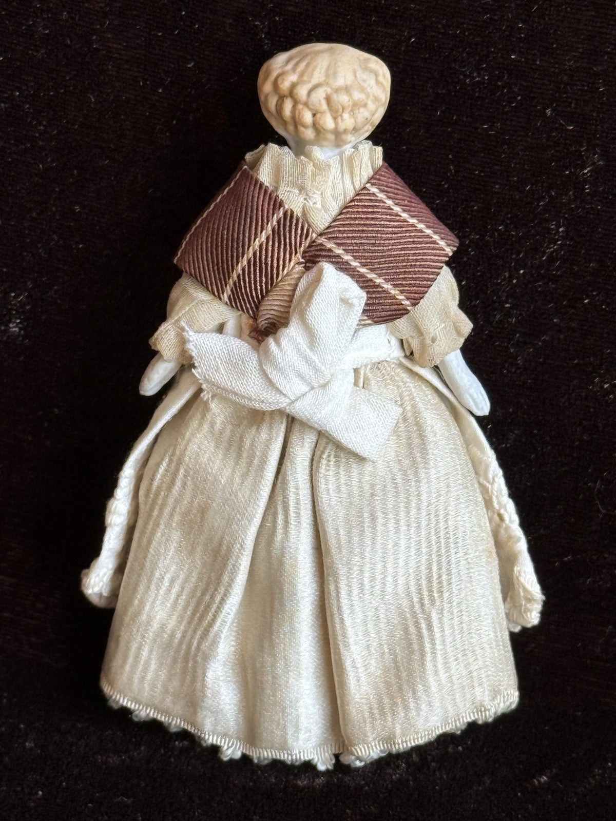 Antique German 3.5” Bisque Cloth Miniature Dollhouse Flat Top Parian Girl Doll