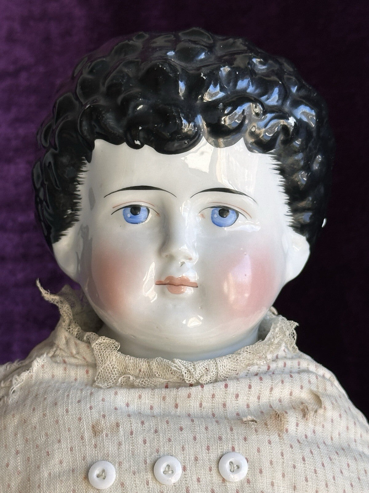 Large Antique German 26” Exposed Ears Curly Hair China Shoulder Head Doll