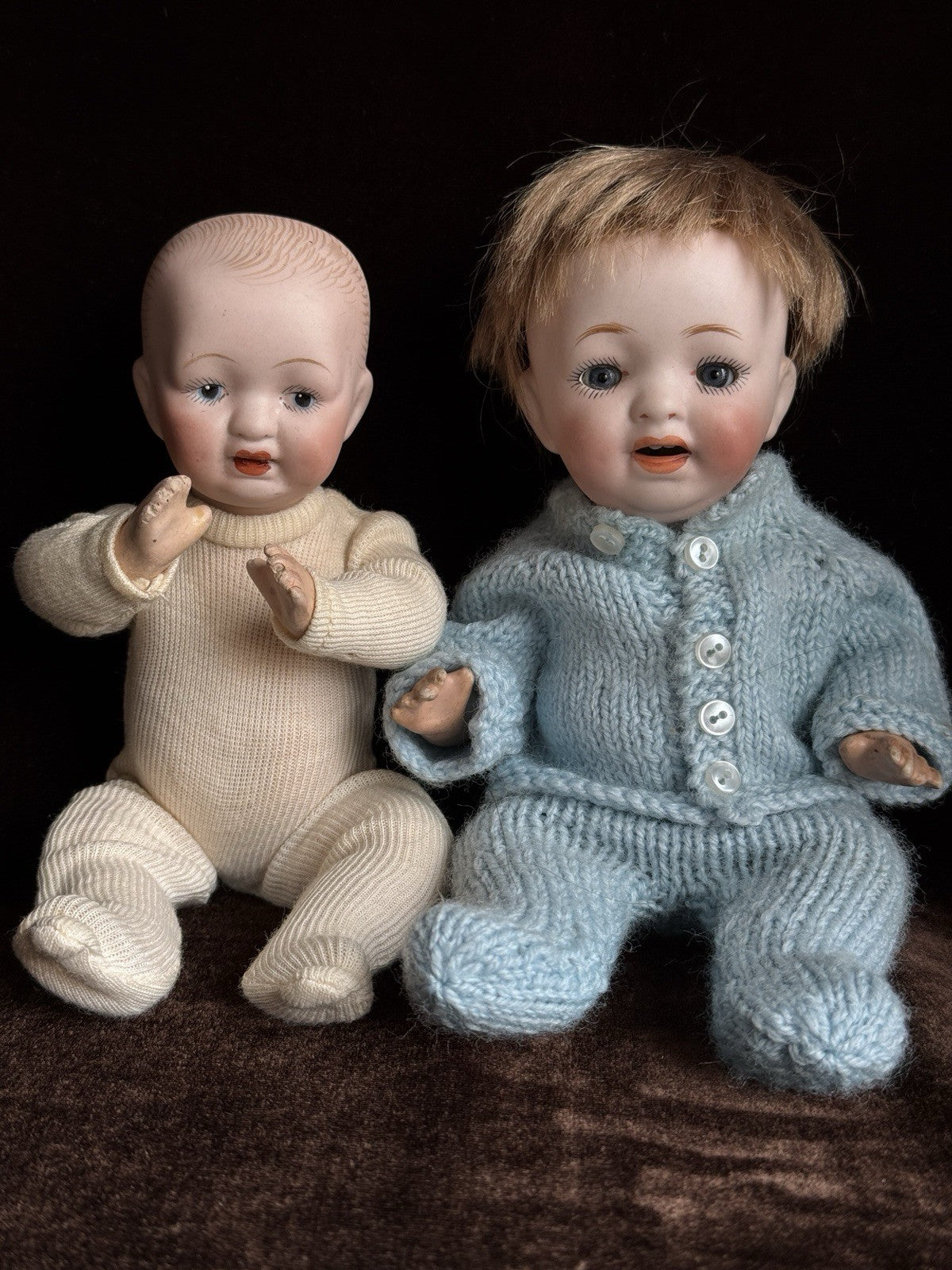 2 Miniature German/Japan Bisque Head Babies Kestner and Morimura Brothers Dolls