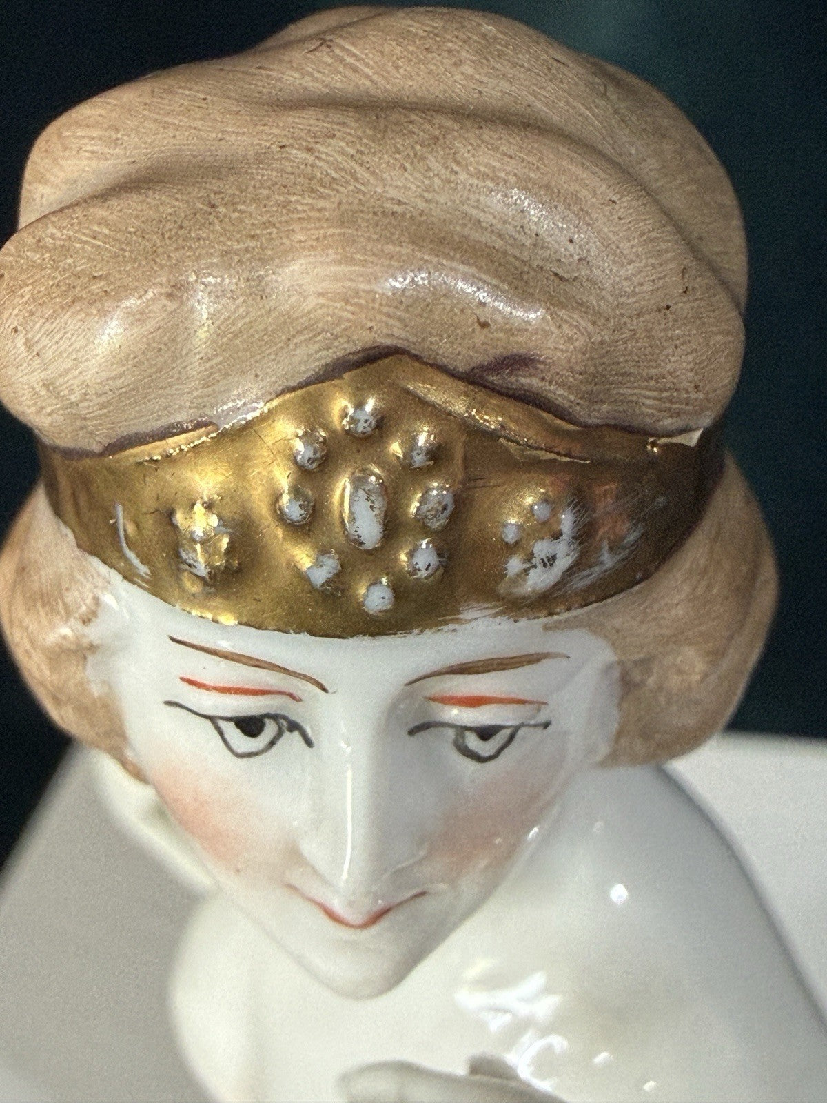 Antique German Art Deco Pin Cushion Half Doll Lady with Gold Hair Crown Band