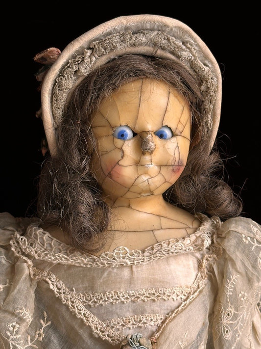 Antique English All Original Mad Alice 22” Wax Over Papier Mache Head Doll