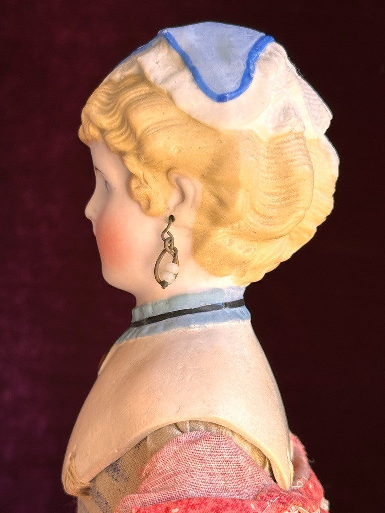 Antique German 15” Fancy Parian Bisque Head China Doll with Pierced Ears