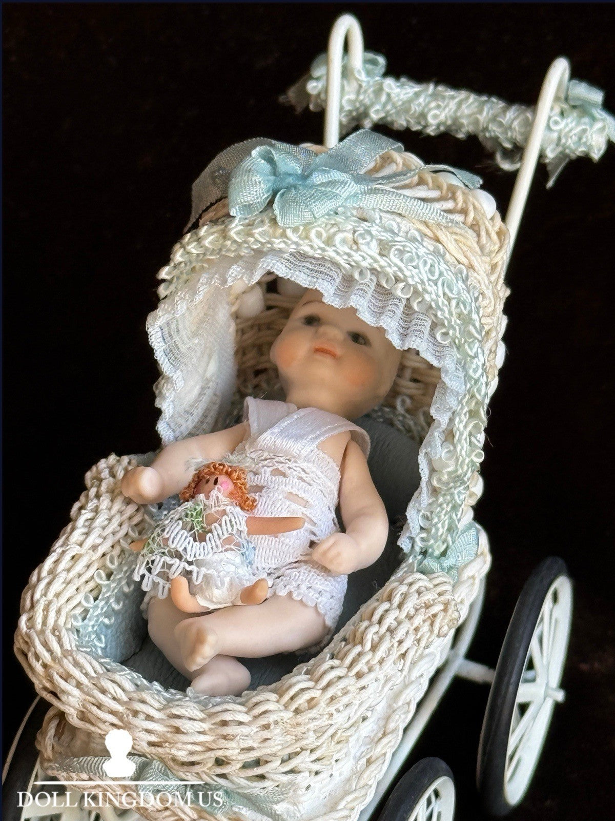 Lot of Miniature Dollhouse Buggy and Porcelain Baby Doll
