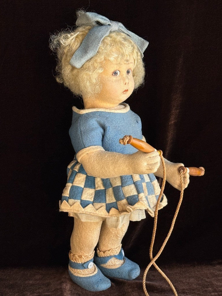 Vintage Italian 12” Lenci 111 Felt Cloth Character Girl Doll with Jump Rope