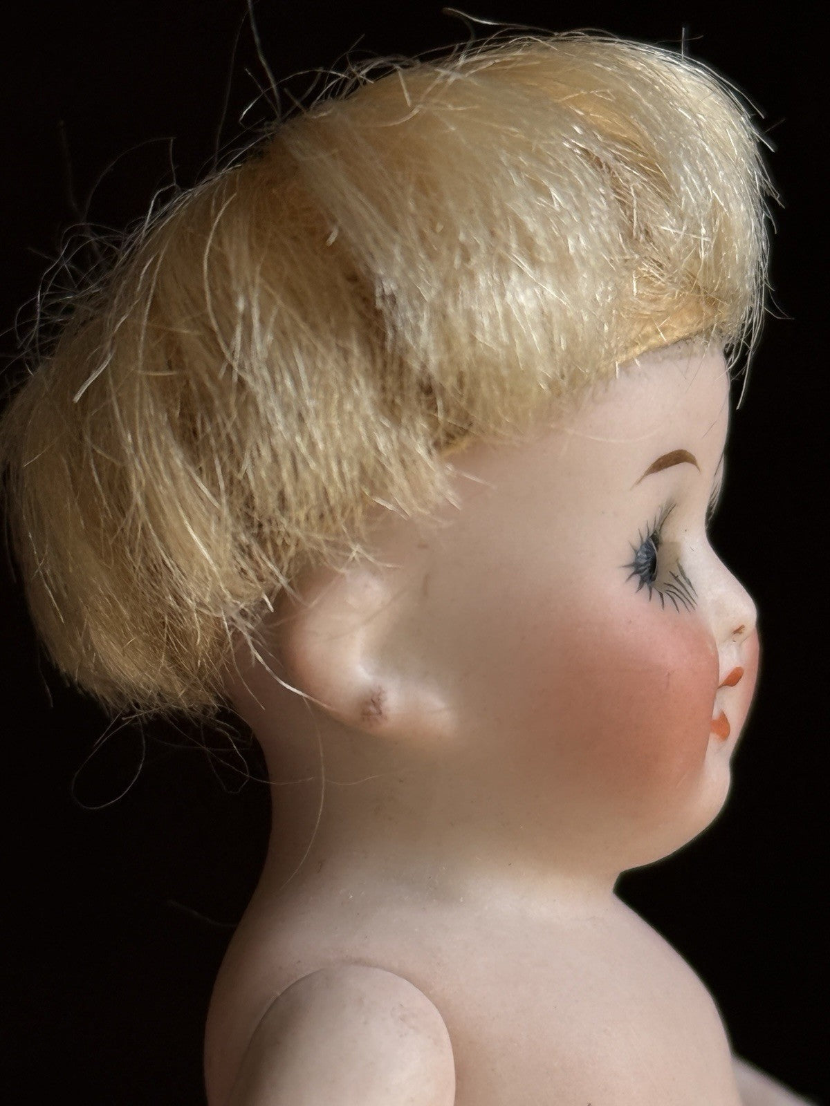 Antique German 3.75” Kestner All Bisque Baby Doll with Cradle and Bottle