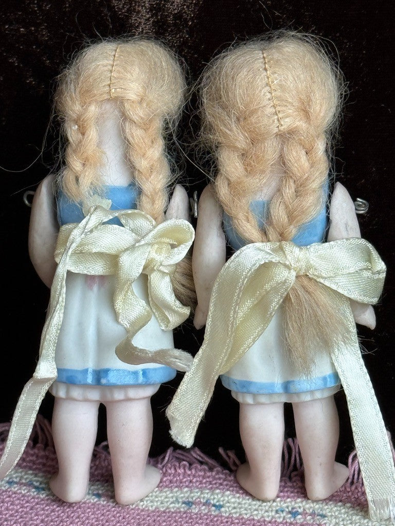 Lot of 2 Antique German 4" All Bisque Miniature Dollhouse Dolls Molded Dresses