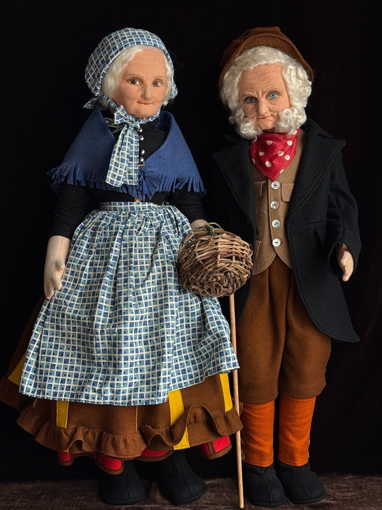 2 Large Vintage English Norah Wellings 25" Felt Cloth Elderly Couple Dolls