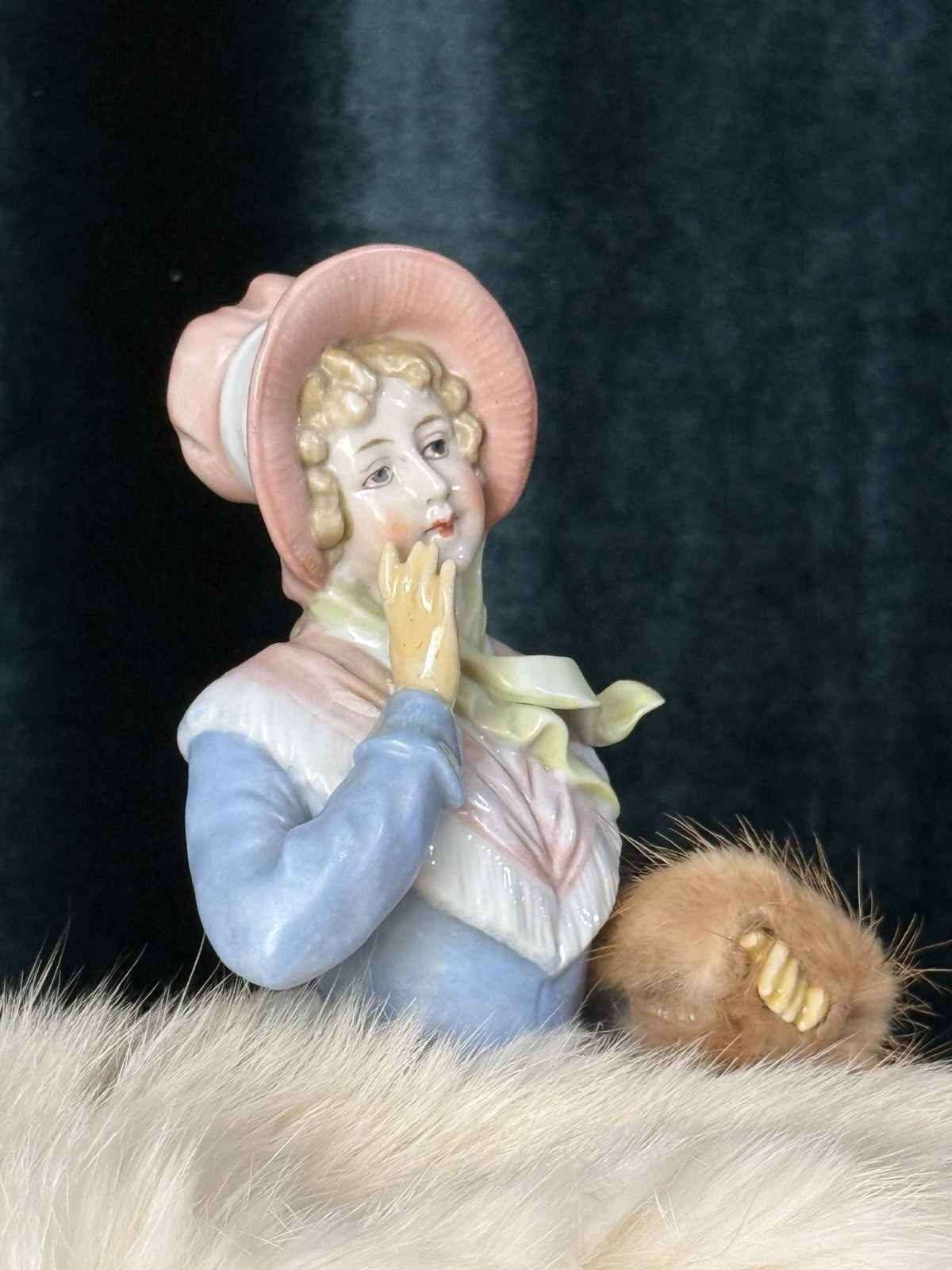 Unidentified Antique German 4.5” Pin Cushion Half Doll Arms Away With Fur Muff