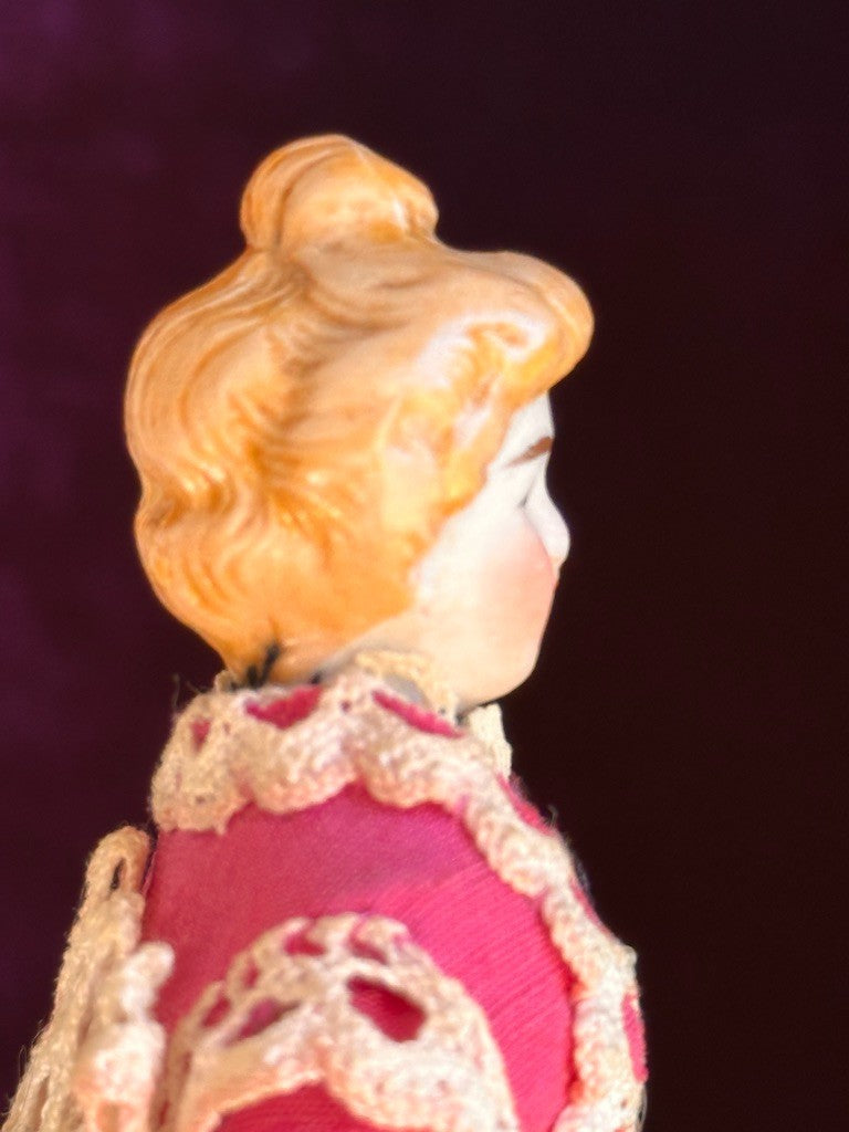 Antique German 4.875” Bisque Cloth Miniature Dollhouse Parian Doll with Bun