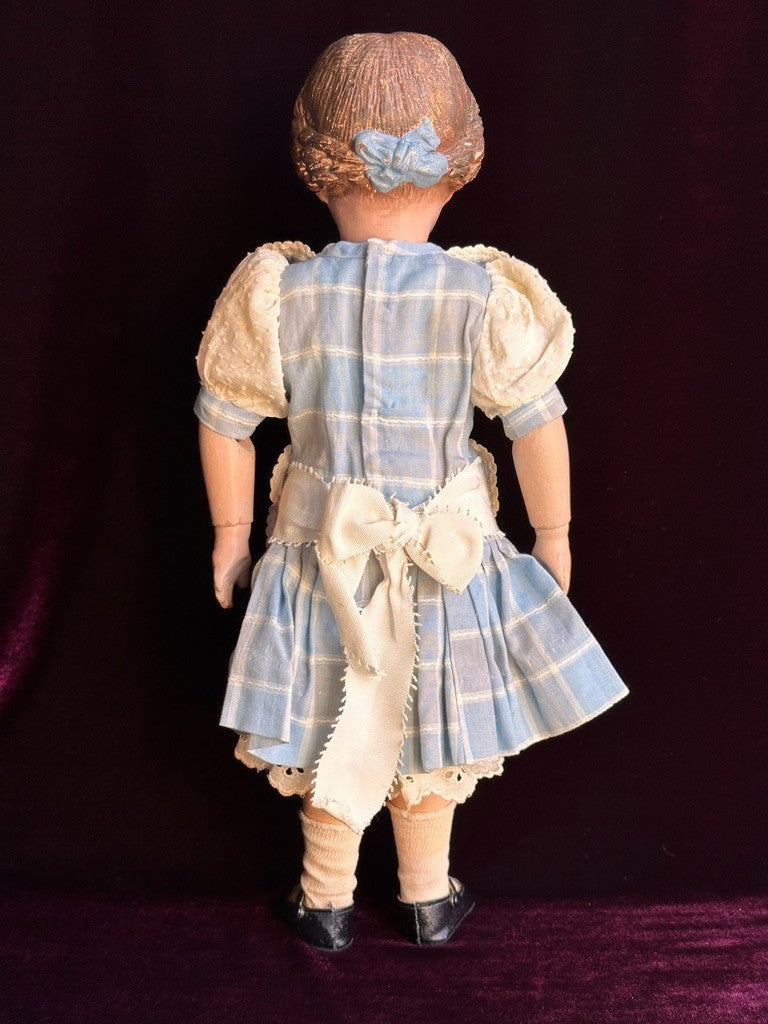 Antique American 16” Schoenhut 102 Series Wooden Doll Carved Braided Hair Bow
