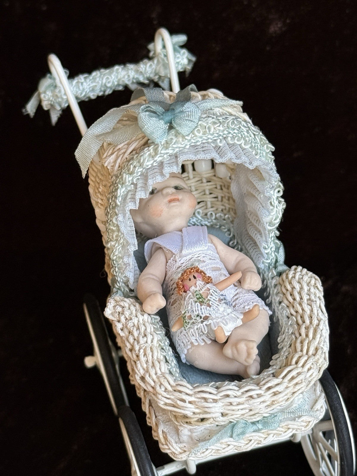 Lot of Miniature Dollhouse Buggy and Porcelain Baby Doll
