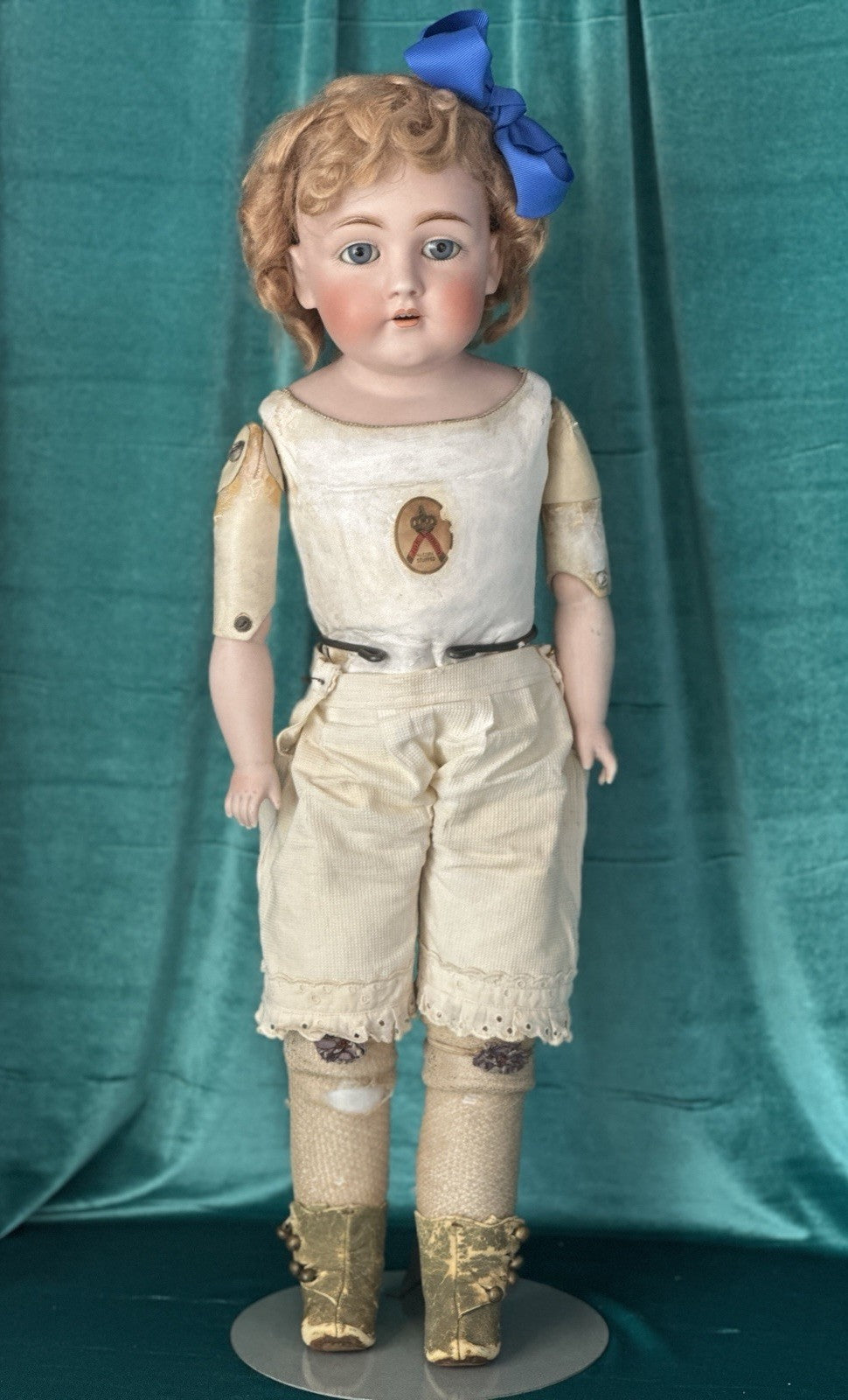 Antique JDK Kestner Mold Dep 154.13 25” Doll Bisque Head Leather Body Sticker