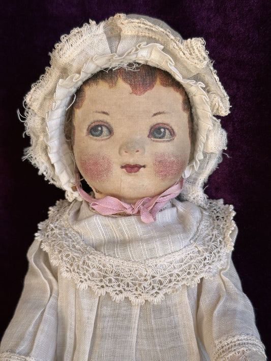 Antique American 12” Bruckner Lithograph Hard Mask Cloth Rag Doll