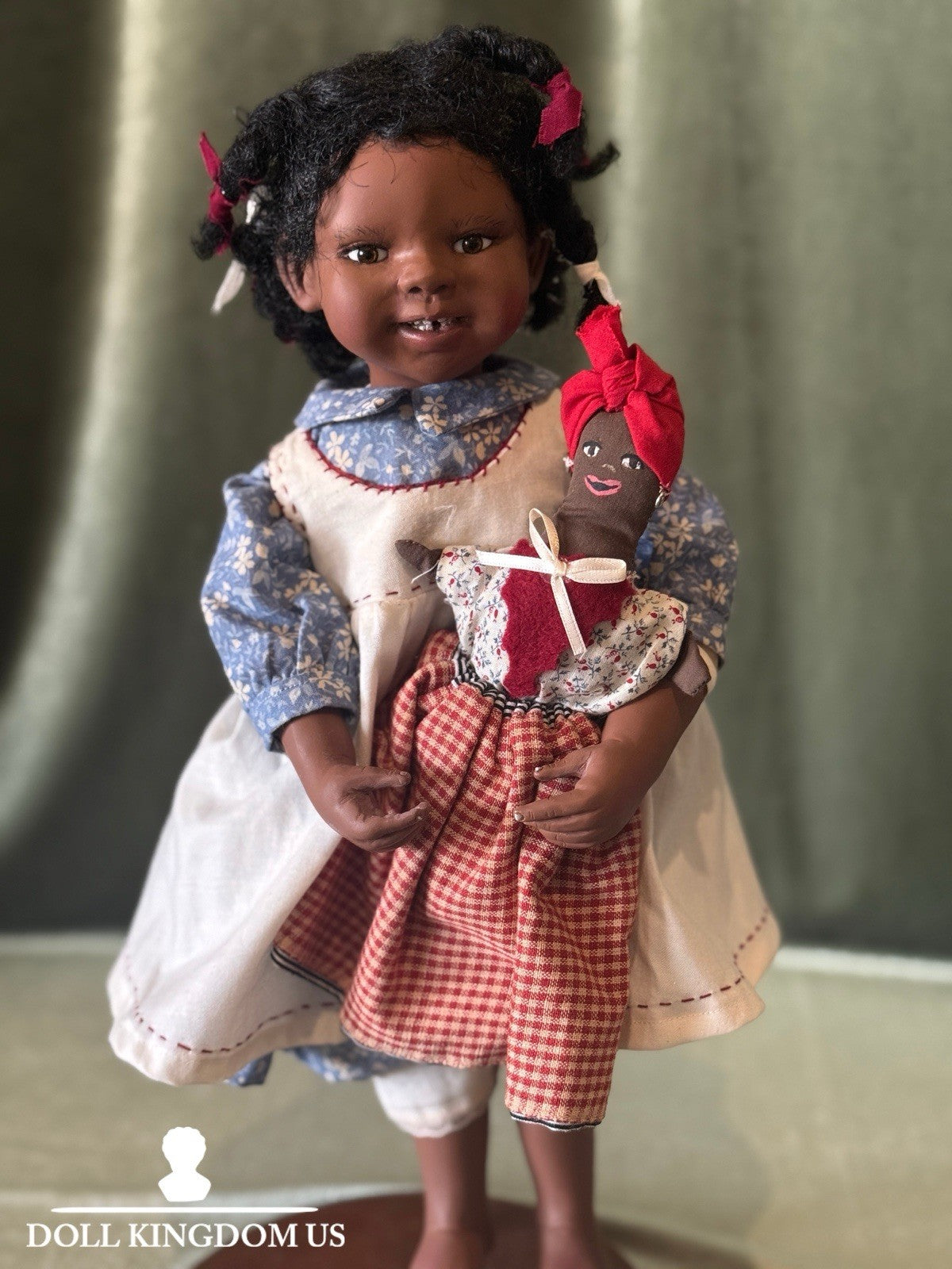 OOAK Artist Handmade Clay Stockinette 15” Doll “Eliza” with Topsy Turvy Doll Box