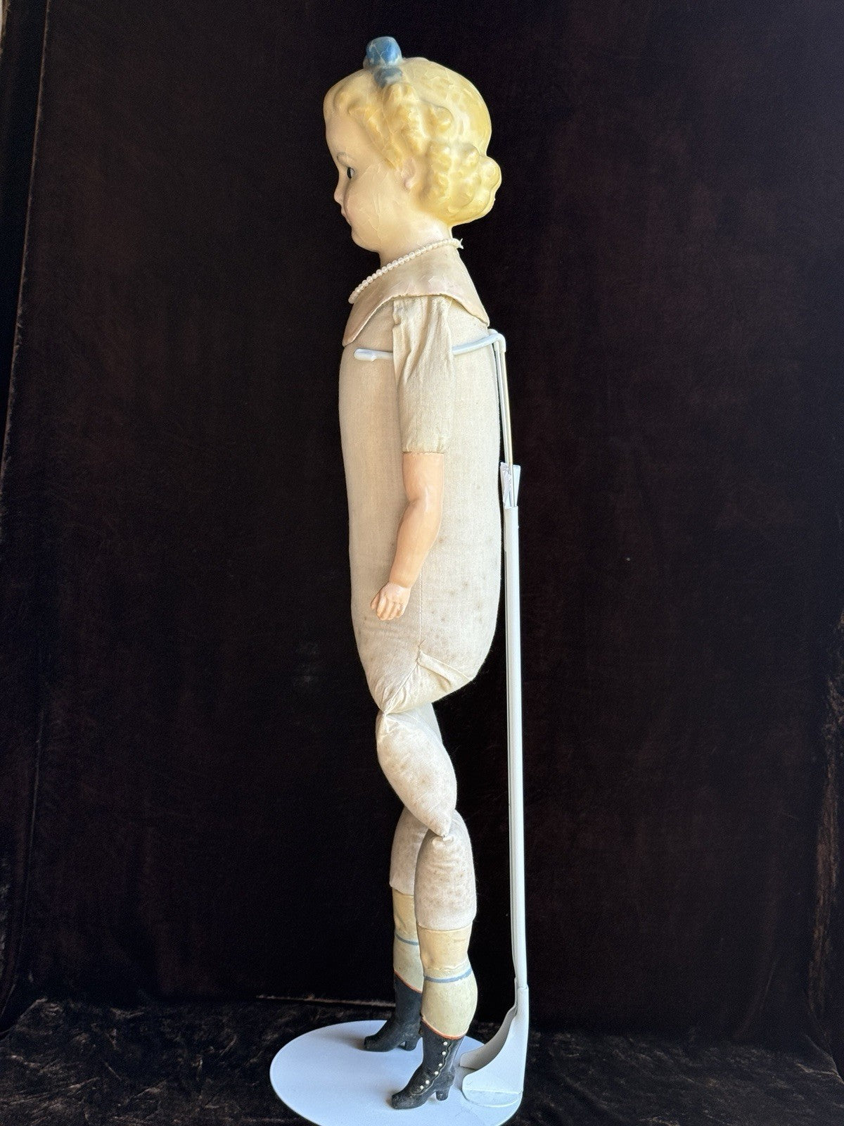 Large Antique German 30” Wax Over Papier Mache Alice Molded Bow Doll