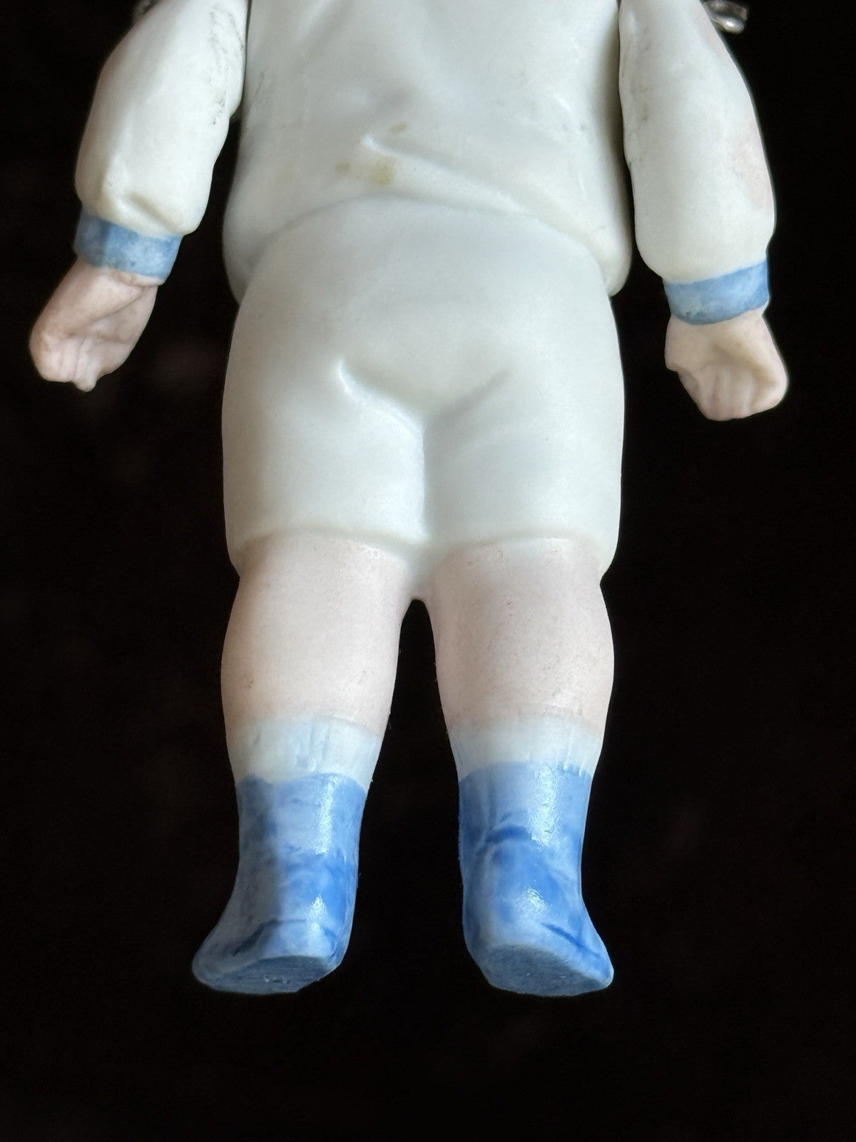 Antique German 4.25” All Bisque Miniature Dollhouse Doll Molded Sailor Outfit