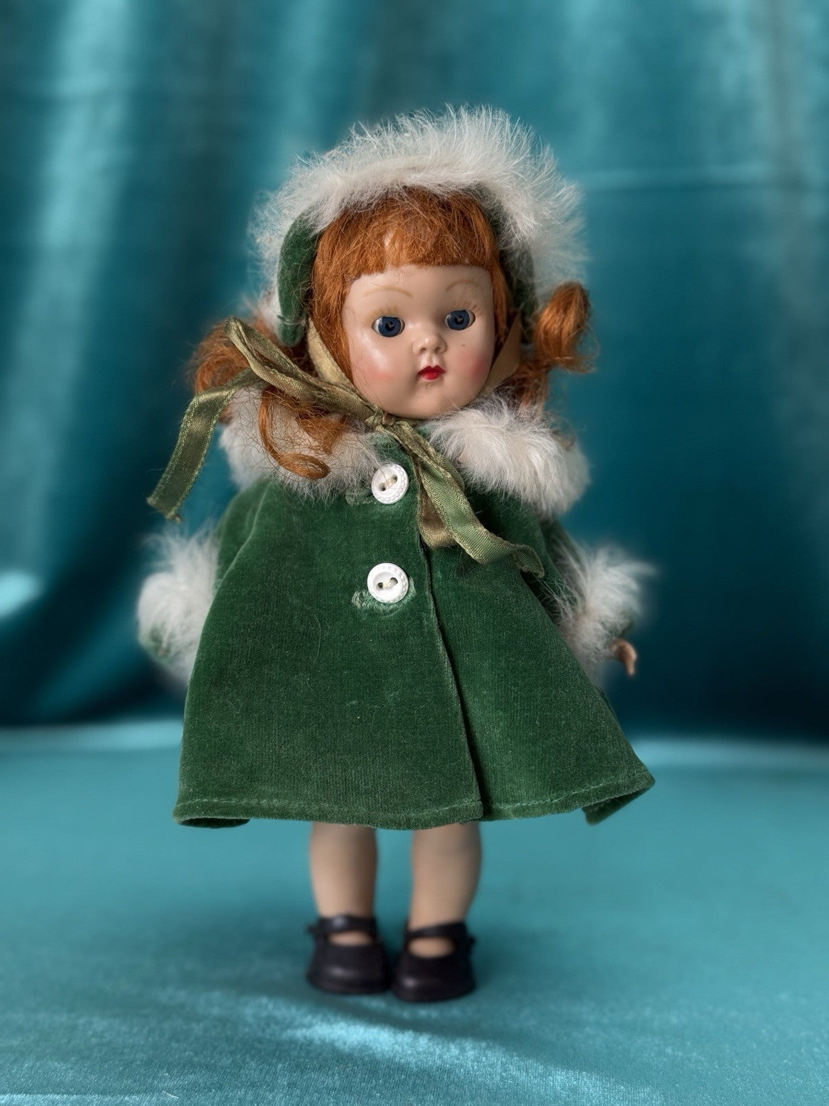 Vintage 1950’s Vogue Hard Plastic SLW Ginny Doll Green Fur Trimmed Coat Outfit