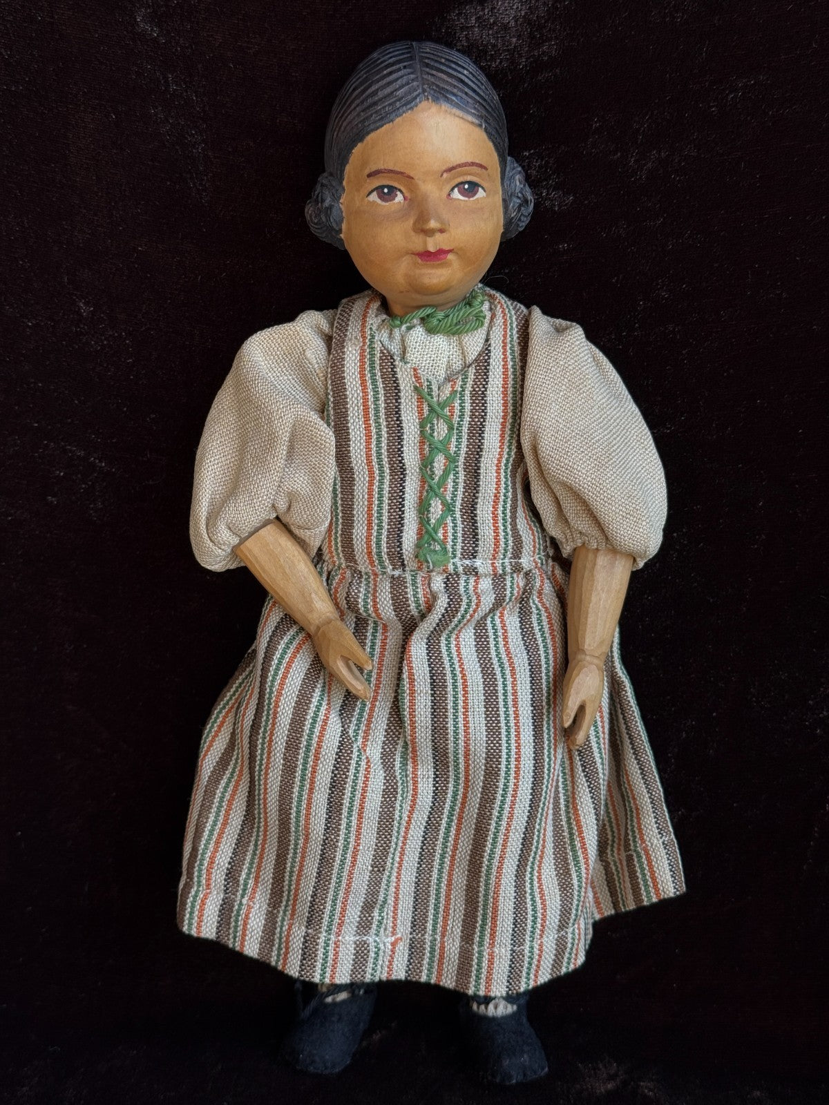 Vintage Swiss 10” Huggler Wood Carved Jointed Girl Doll
