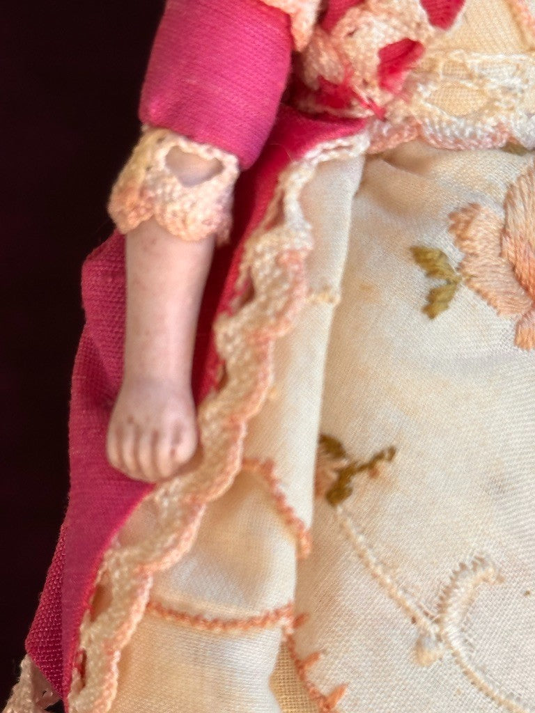 Antique German 4.875” Bisque Cloth Miniature Dollhouse Parian Doll with Bun