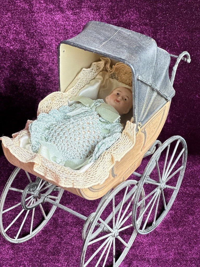 Antique German Miniature All Bisque Limbach Baby Doll in Victorian Pram/Carriage
