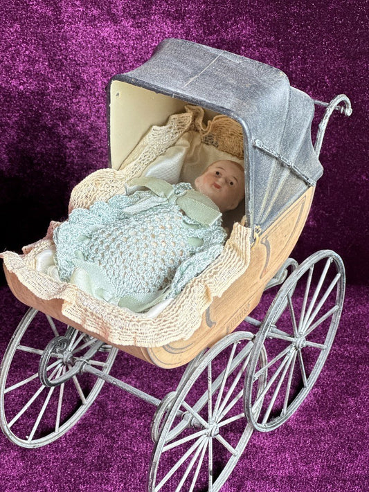 Antique German Miniature All Bisque Limbach Baby Doll in Victorian Pram/Carriage